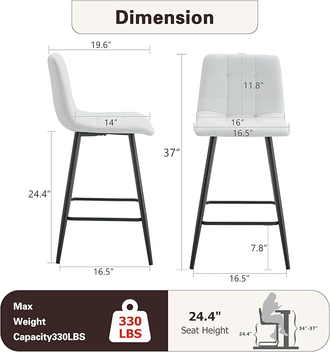 Bar Stools Set of 2,White Faux Leather Counter Height Bar Stools,24.6" Bar Chairs with Back Metal Footrest,Modern Counter Stool with Back and Footrest for Kitchen Island Restaurants Pubs