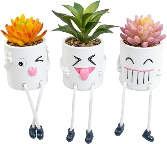 3 Pcs Cute Fake Plant Mini Potted Succulents with Hanging Leg White Pot Creative Artificial Succulent Plants in Funny Pot Faux Succulents for Home Office Shelf Desk Decor and Gift Choice