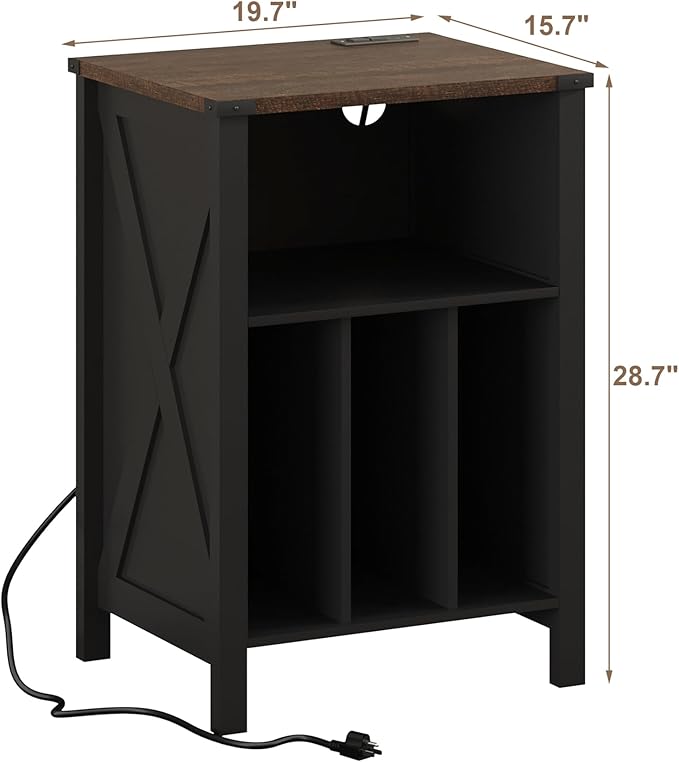 ChooChoo Record Player Stand with Vinyl Storage, Turntable Stand with Charging Station, Record Storage Cabinet, End Side Table for Living Room, Bedroom, Black