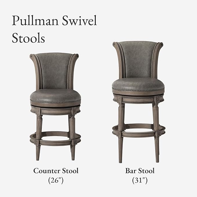 Maven Lane Pullman Counter Stool 26 Inches – Set of 2 – Swivel Stools with Footrest – Grey Solid Wood Frame & Grey Faux Leather Upholstery – Perfect for Kitchen Islands & Counters