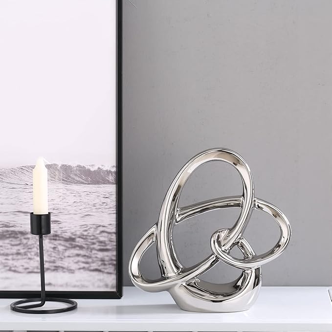Modern Silver Decor Ceramic Statue - Abstract Home Accent & Tabletop Figurine for Living Room, Bedroom, Bathroom, Office, Shelf, Mantel - Wedding, Coffee Table, Dining Room Centerpiece Decoration