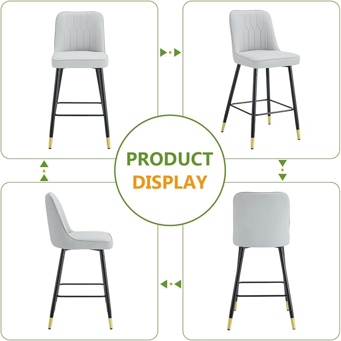 27" Bar Stools Set of 4 - Grey Counter Height Bar Stools Set of 4,Faux Leather Kitchen Island Stools with Sturdy Chrome Metal Leg,Counter Height Stools with Backs,Easy to Assemble
