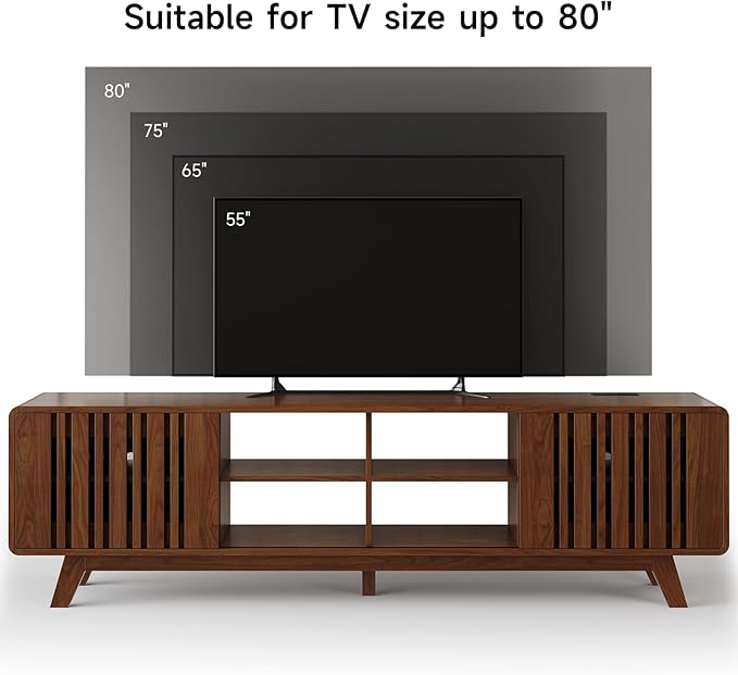 ONBRILL 70-Inch TV Stand for TVs up to 80 Inch, Mid-Century Modern Television Stand with Power Outlet， Entertainment Center with Sliding Grille Door Cabinets and Open Shelves for Living Room, Walnut