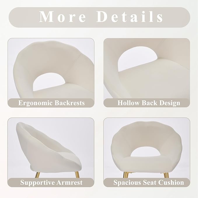 Modern Small Accent Chair Set of 4, Comfy Velvet Vanity Chair with Shell Back & Golden Metal Legs, Decorative Dining Chair no Wheels for Living Room, Makeup Room, Bedroom, Beige