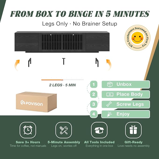 POVISON Full Assembled Mid-Century Modern TV Stand with Slatted Doors, Wood Media Console for 75 Inch TV, TV Console with Tall-cast Metal Legs, Entertainment Center with Storage for Living Room