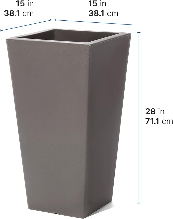 Step2 Tremont Tall Square Tapered Planter, Large Planters for Outdoor Plants, Gardening and Flower Pot for Patio or Porch, Efficient Drainage, Durable Plastic, Dark Cedar, 2-Pack