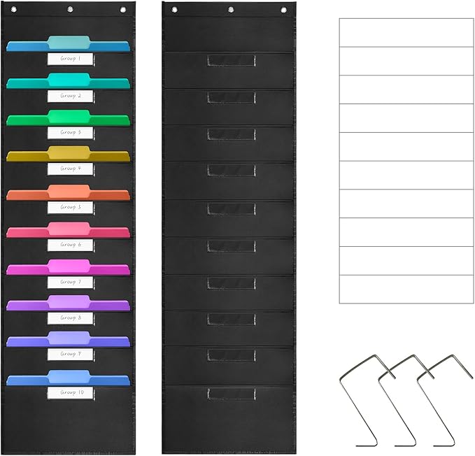 10-Pockets Hanging File Organizer with 3 Over-Door Hangers, Wall Mount Storage Chart with 10 Name Tags for Magazines, Files, Pens in Office & School