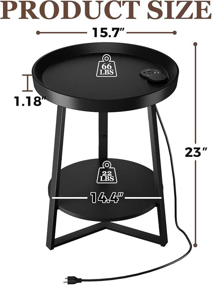 Gadroad Round End Table with Charging Station, USB Ports and Anti-Drop Fence, Wood Tabletop & Black Metal Frame, 2-Tier Side Table for Living Room, Bedroom, Black 15.7 * 15.7 * 23.0 inches