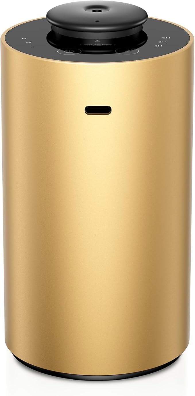 Airversa Waterless Essential Oil Diffuser for Home Aromatherapy Scent Diffusers with 3 Countdown Timer Settings or Timer-Off, 3 Mist Levels for Car Room Studio Office, ANX Premium Metal Gold