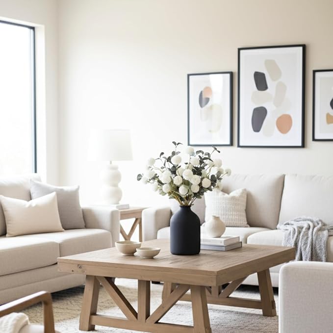 RyddeligHome White Faux Flowers for Vase - Kiku 10 Stems & Eucalyptus, Fake Flowers Stems for Pottery Vase, Realistic Artificial Flowers, Pom Pom Balls for Aesthetic Farmhouse Barn Room Decor