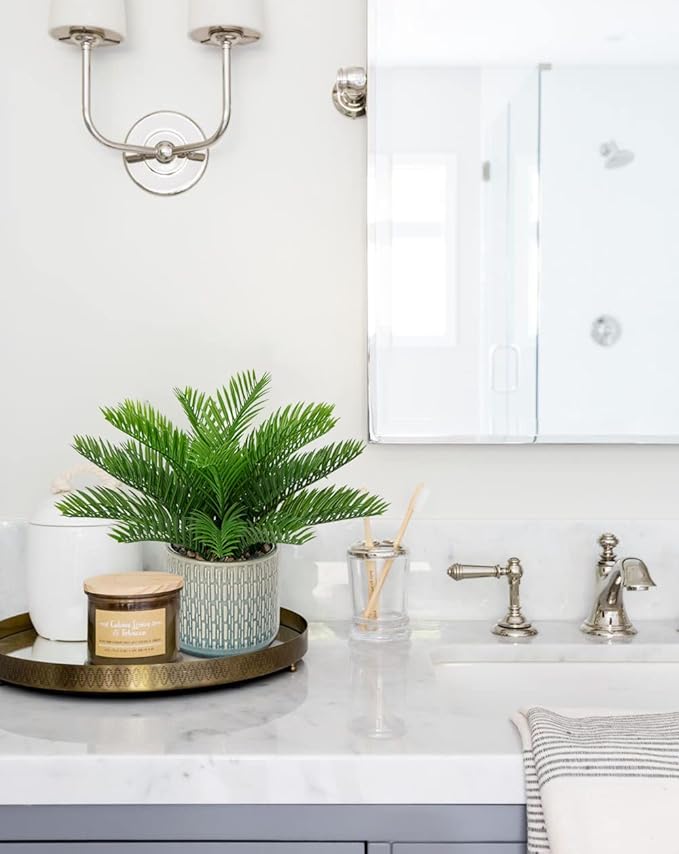 DILATATA Faux Plant Indoor in Ceramic Pot 13" Artificial Potted Sago Palm Fake House Plants for Desk Office Bathroom Garden Decoration