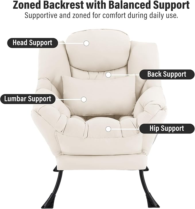Lazy Chair with Ottoman, Modern Accent Chair with Lumbar Pillow, Comfy Chairs with Folding Footrest for Bedroom, Reading, Oversized Supportive Lounge Chairs(Beige)