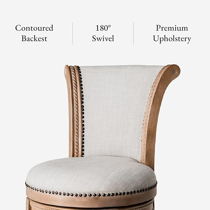Maven Lane Pullman Counter Stool 26 Inches – Swivel Stool with Footrest – Light Brown Solid Wood Frame & Natural Fabric Upholstery – Perfect for Kitchen Islands & Counters