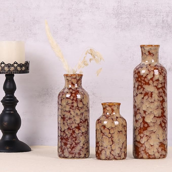 Ceramic Vase Set of 3, Modern Home Decor Distressed Rift Ceramic Small vase for Country Home Decoration, Living Room Decor, Table Decor, and Entrance Decoration(Vase-B)