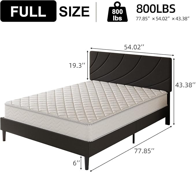 HOMBCK Full Size Bed Frame with Adiustable Headboard, Bed Frame Full with Linen Fabric Upholstered, Strong Wooden Slats, No Box Spring Needed, Noise Free, Easy Assembly, Black