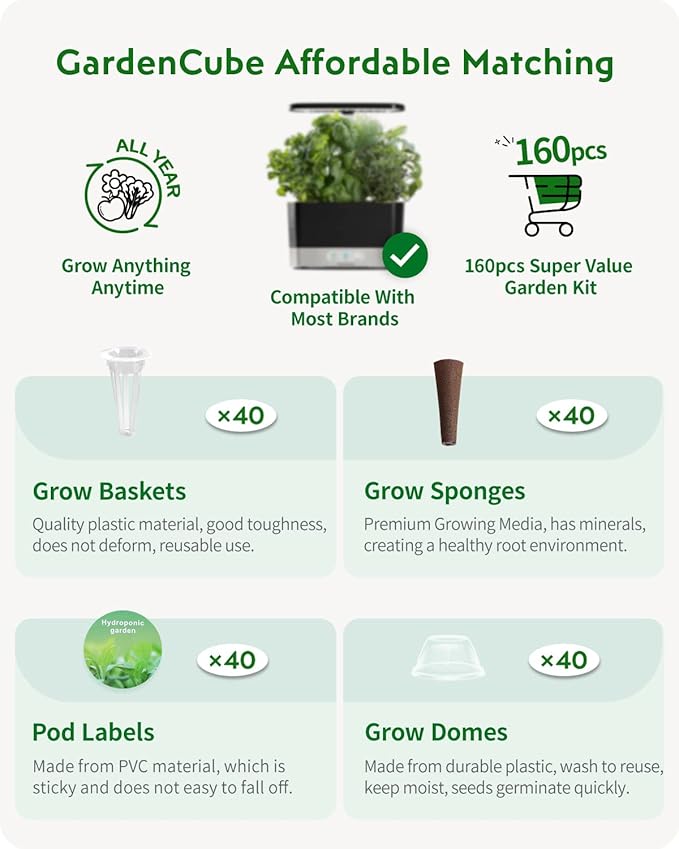 160pcs Hydroponic Pods Kit Grow Anything Kit with 40 Grow Sponges, 40 Grow Baskets, 40 Grow Domes, 40 Pod Labels - Compatible with Hydroponics Supplies from All Brands