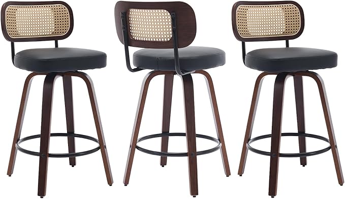 Swivel Counter Height Bar Stools Set of 3, 26 inch Bar Chairs with Curved Rattan Back, Upholstered PU Leather, Walnut Craftsmanship, Mid Century Modern Counter Stools for Kitchen Counter, Black