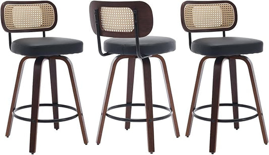 Swivel Counter Height Bar Stools Set of 3, 26 inch Bar Chairs with Curved Rattan Back, Upholstered PU Leather, Walnut Craftsmanship, Mid Century Modern Counter Stools for Kitchen Counter, Black