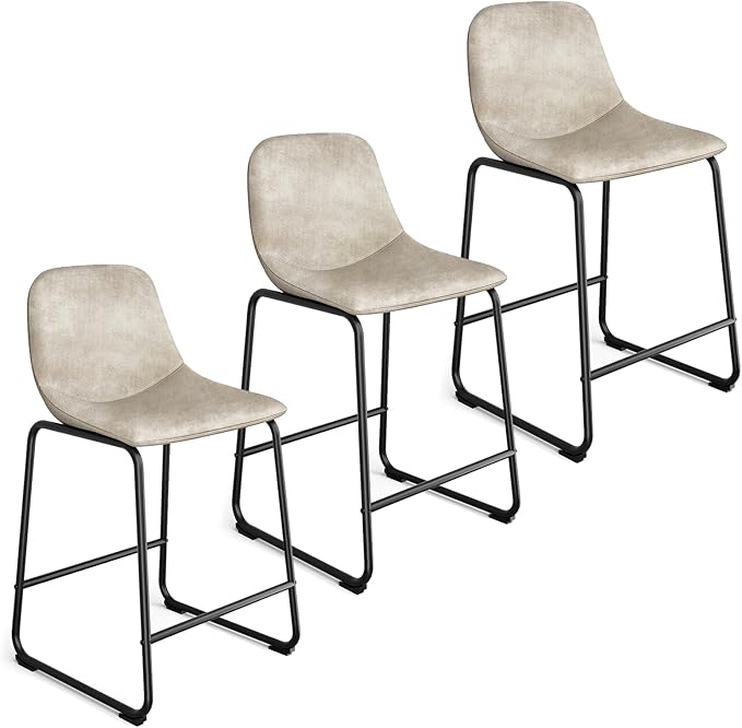 Rfiver Pu Faux Leather Bar Stools Set of 3, Industrial Pub Barstools with Back and Footrest, Modern Armless Bar Height Stool Chairs (Beige, 24" Counter Chair x3)