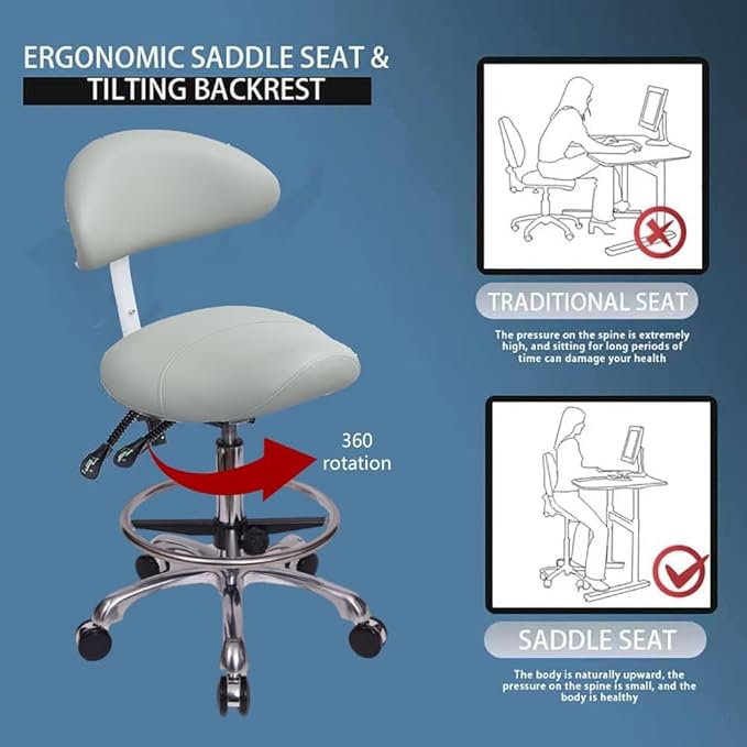 Saddle Stool Chair with Backrest and Foot Ring, Ergonomic Rolling Esthetician Seat for Salon, Tattoo Shop, Spa, Facial lash Home, Dentist Clinic, Esthetician Chair, Grey