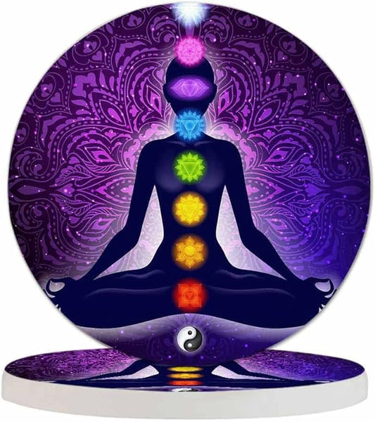 Meditating Woman in Lotus Pose Cup Coasters Set of 2 Aura Glow Spiritual Colorful 9 Chakras Mandala Wooden Table Apartment Decor 100% Diatomite for Drinking Glasses,4 Inches