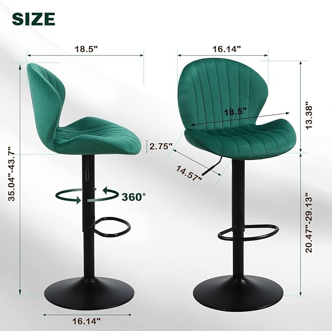 Modern Bar Stools Set of 3, Velvet Height Adjustable Swivel Barstools, Armless Kitchen Island Counter Chairs with Back & Footrest, Green