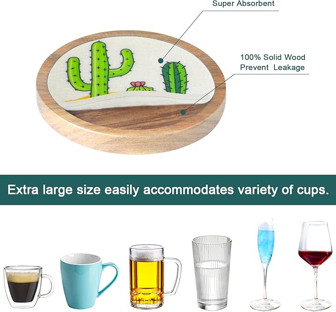 Cactus Coasters for Drinks, Minacun Absorbent Coaster Set of 5, Funny Coasters for Coffee Tabletop Protection, Unique Gift for Home, Office, Bar Decor, 4.3 Inches