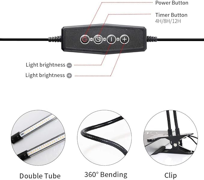 GooingTop LED Grow Light,6000K Full Spectrum Clip Plant Growing Lamp with White Red LEDs for Indoor Plants,5-Level Dimmable,Auto On Off Timing 4 8 12Hrs