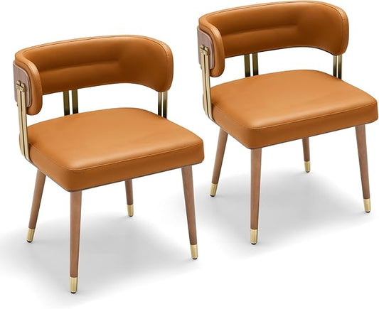 Modern Mid-Century Upholstered Leather Dining Chairs Set of 2 with Thick High-Resilience Foam, Walnut Wood Veneer,Dining Chairs with Anti-Slip Pads,Cinnamon Orange