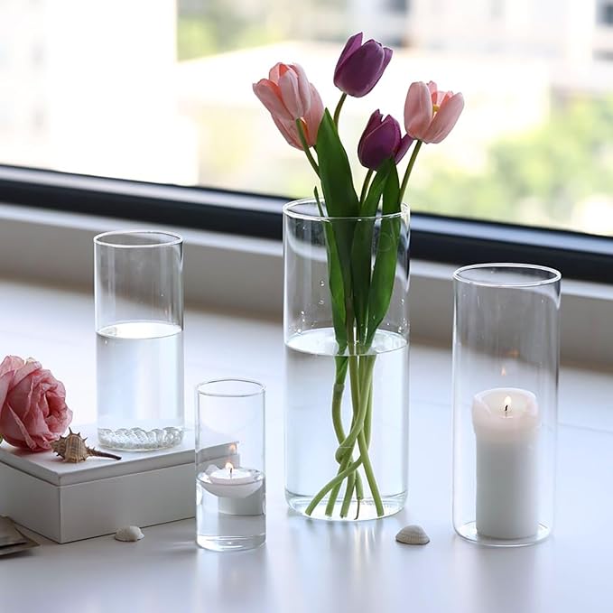 PHOSPHOR 4 PCS Glass Candle Holder, Hurricane Candle Hoder, Glass Pillar Candle Holder, Clear Cylinder Candleholder Cylinder Vase for Centerpieces Wedding Party Decoration