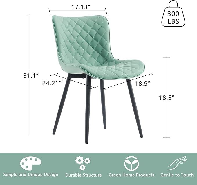 YOUTASTE Light Green Dining Chairs Set of 2 Mid Century Modern PU Leather Diamond Upholstered Accent Guest Dinner Chair with Back Metal Legs for Kitchen Living Reception Waiting Room