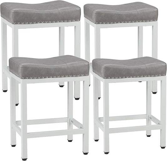 Sweetcrispy Bar Stools Set of 4, 24 Inch Counter Height Stools, PU Leather Upholstered Bar Chairs with Footrest, Modern Bar Stools for Kitchen Island, Dining, Living Room, Grey