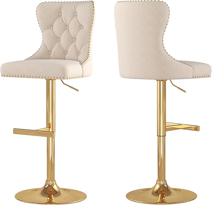 Bar Stools Set of 2, Velvet Swivel Counter Height Stools with Tufted Back, Adjustable Seat with Nailheads Trim, Upholstered Bar Chairs with Gold Base for Kitchen Island, Pub, Beige