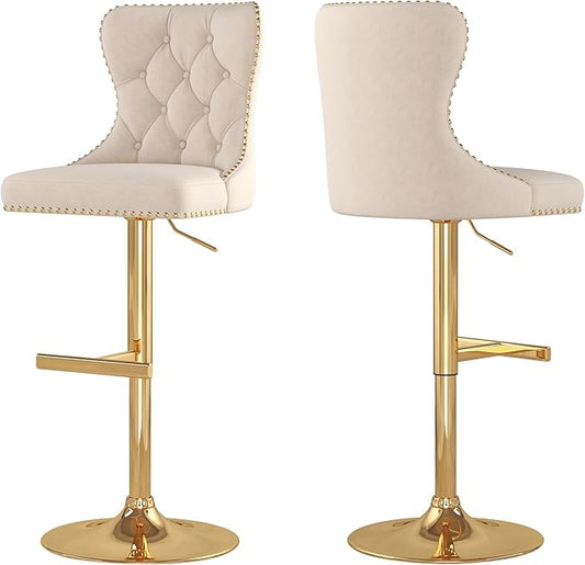 Bar Stools Set of 2, Velvet Swivel Counter Height Stools with Tufted Back, Adjustable Seat with Nailheads Trim, Upholstered Bar Chairs with Gold Base for Kitchen Island, Pub, Beige