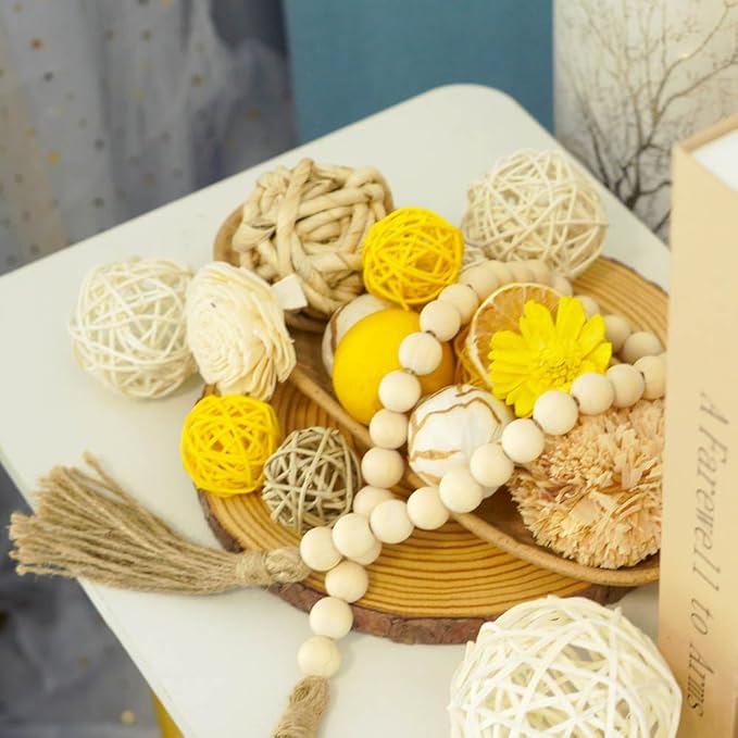 Qingbei Rina Yellow Decorative Balls for Bowls,Assorted Vase Filler for Centerpieces,Wicker Rattan Balls Decorative Orbs Woven Spheres,Summer Bowl Fillers for Home Decor,Wedding(Lemon)