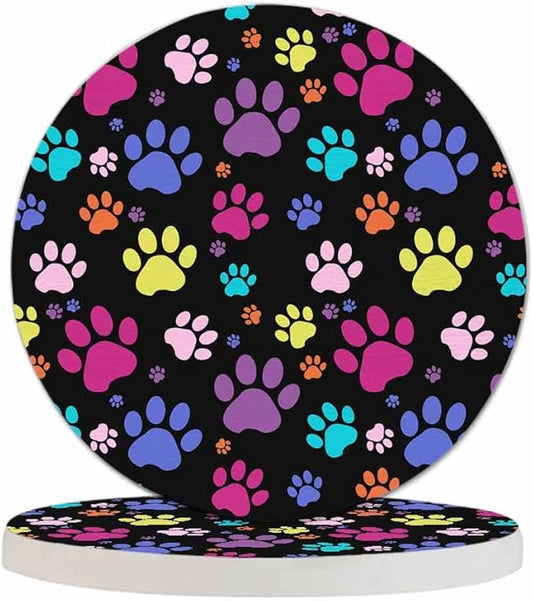 Colorful Paws Drink Coaster Repeating Cute Animal Puppy Cats Paws Print Beautiful Home Decor Diatomite Heat-Resistant Diatomite 4 Inch for Cold Drinks Wine Mugs Cups