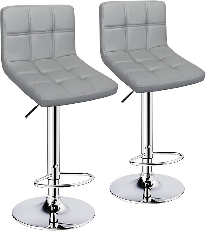 Bar Stools Set of 2,Armless Adjustable Swivel Barstools with Back,6-Squares Double Needle PU Leather Counter Height Bar Stools for Kitchen Island,Light Gray