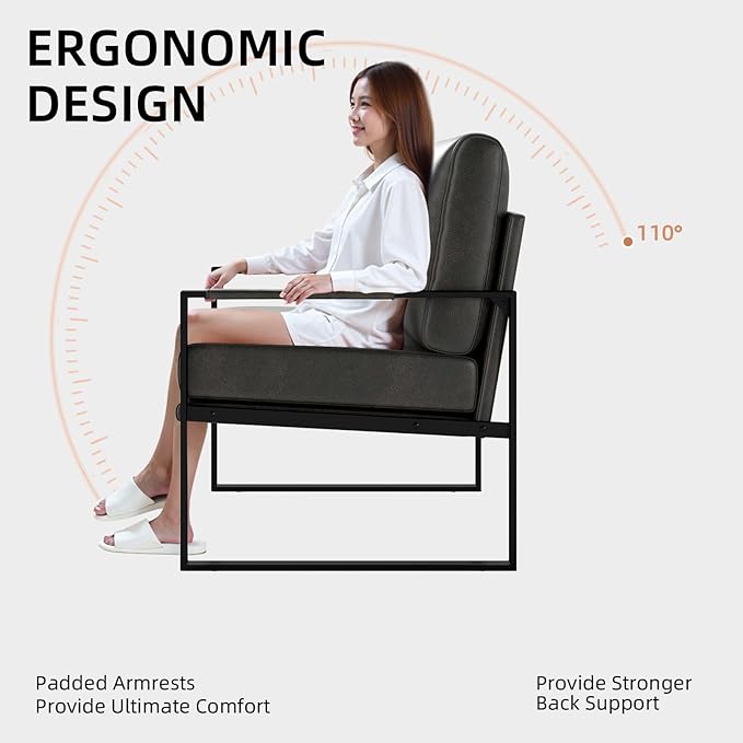 Phoenix Home Mid Century Modern Faux Leather Accent Chair, Metal Framed Armchair with Extra Soft Removable Seat Cushion & Backrest for Living Room Bedroom Waiting Room, Easy to Clean, Gray