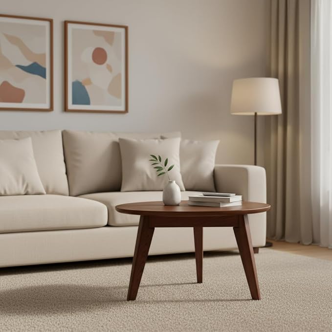 100% Solid Wood Round Coffee Table, Small Coffee Table w/Sturdy Legs, Wood Side Table for Bedroom Balcony Living Room (23.62" D x 13.78" H)