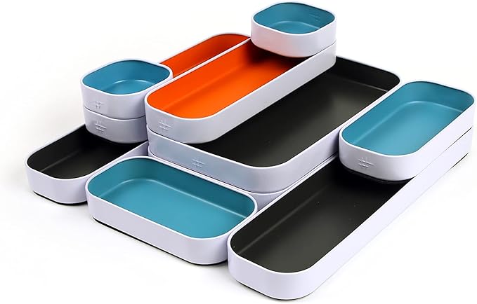 Three by Three Seattle 10 Piece Metal Organizer Tray Set for Storing Makeup, Stationery, Utensils, and More in Office Desk, Kitchen and Bathroom Drawers (1 Inch, Gray, Sky Blue, Orange)