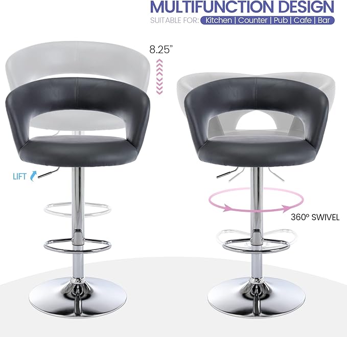 Brage Living Wide Bar Stool, Modern PU Leather Swivel Adjustable Barstool with Hollow Back and Arms, Upholstered Airlift Counter Height Bar Chair for Kitchen Dining (Slate Grey)