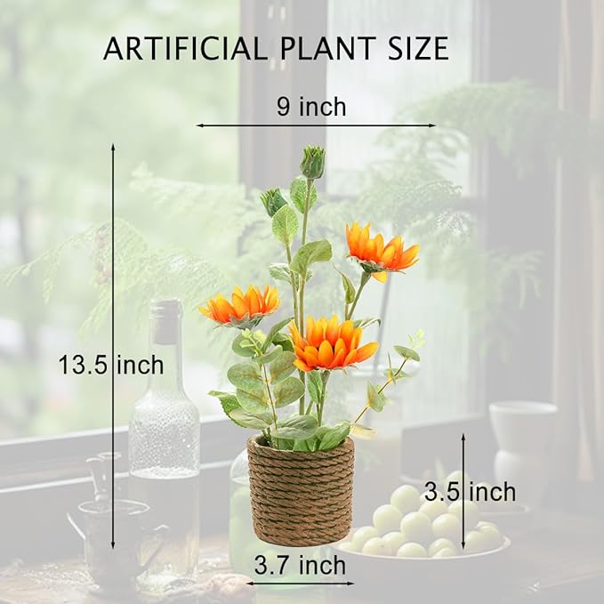 AlphaAcc 13.5 Inches Artificial Plant Sunflower Arrangement Realistic Orange Silk Fake Plants with Eucalyptus Stems in Rustic Rope-Striped Cement Planter Faux Potted Flowers for Home Décor Indoor