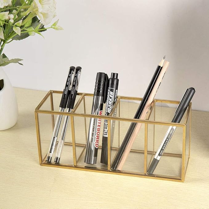 NIUBEE Acrylic Pen Holder 4 Compartments, Gold Copper Border Pencil Organizer Cup for Countertop Desk Accessory Storage