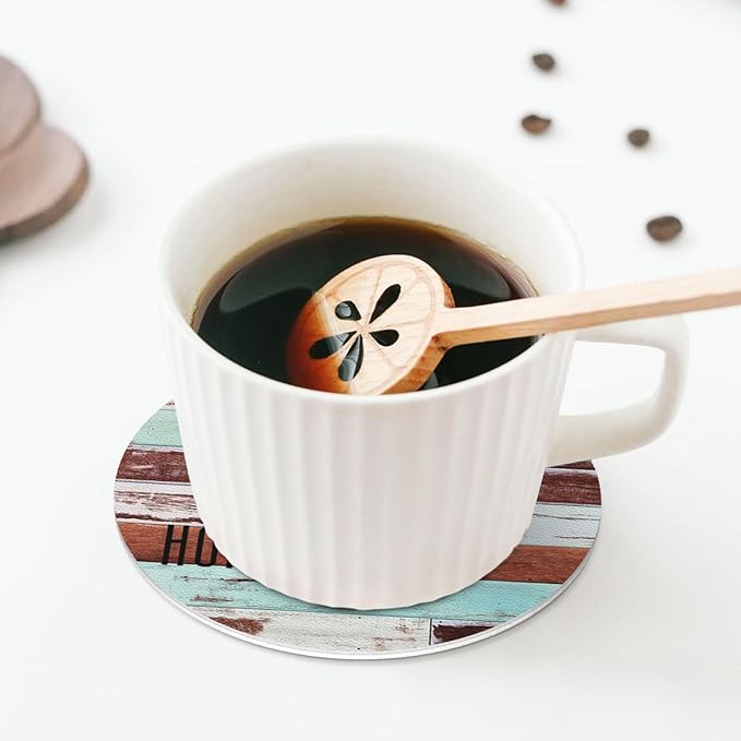 Farmhouse Wooden Home Coasters Set of 6 Coasters for Drinks Absorbent Double-Sided Leather PVC Coaster for Tabletop Protection Coffee Table Decor Ideal for Home Decor House Warming Gifts