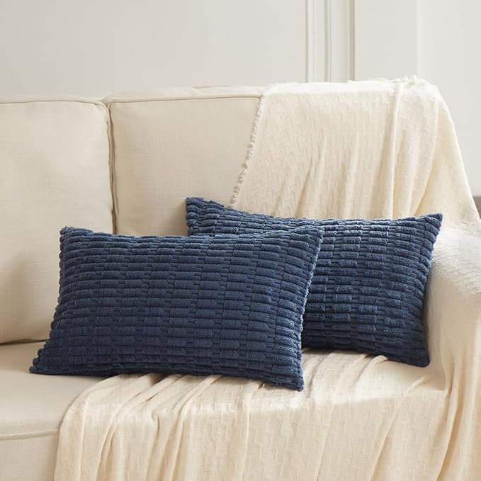 Fancy Homi 2 Packs Dusty Blue Lumbar Decorative Throw Pillow Covers 14x24 Inch for Living Room Couch Bed Sofa, Rustic Farmhouse Boho Home Decor, Soft Striped Corduroy Rectangle Cushion Case 35x60 cm