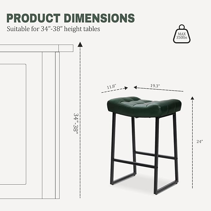 Modern Bar Stools Set of 3 for Kitchen Counter 24 inch Counter Height Backless Barstools with Upholstered Faux Leather Saddle Seat and Metal Frame Industrial Bar Chairs, Dark Green