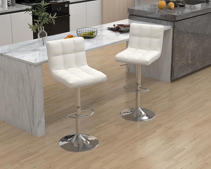 Modern Counter Height Bar Stools Set of 6, Armless Adjustable Swivel Square Bar Chairs Kitchen Barstools with PU Leather and Large Base for Dining Room/Island(White)