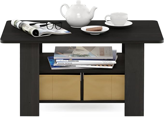Furinno Coffee Table with Bins, Espresso/Brown