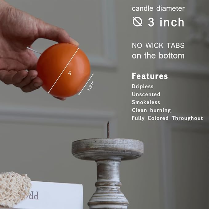 MOZEAL Hand-Poured, 3 Inch Orange Round Ball Candles - Elegant Orange Round Pillar Candles Set of 3, Dripless, Unscented, Smokeless, Ideal for Halloween Decor.