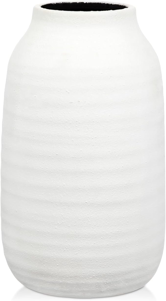 Briful White Ceramic Vase for Pampas Grass – 9.4” Tall Ribbed Modern Vase, Minimalist Farmhouse Table Centerpiece, Boho Home Decor for Dried Flowers, Shelf, Mantel & Entryway Styling